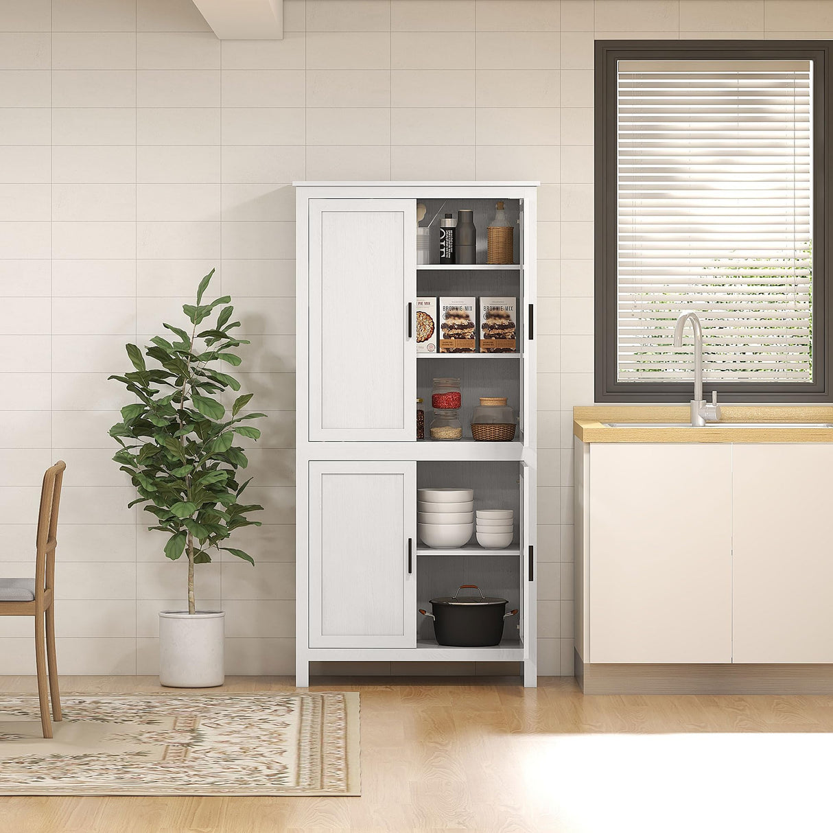 HOMCOM 64" Kitchen Pantry Cabinet, Freestanding Storage Cabinet with 4 Doors and 3 Adjustable Shelves for Dining Room, Antique White HOMCOM