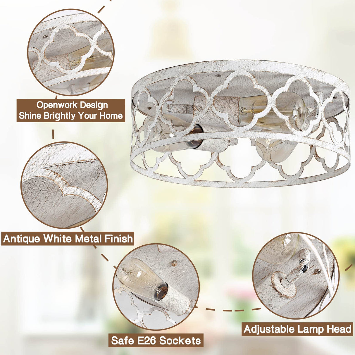 Bargeni Flush Mount Ceiling Light,13-inch Ceiling Light Fixture,3-Light Kitchen Light Fixtures,Rustic Antique White Finish,Farmhouse Light Fixtures for Bedroom,Living Room,Kitchen,Hallway and Foyer Bargeni