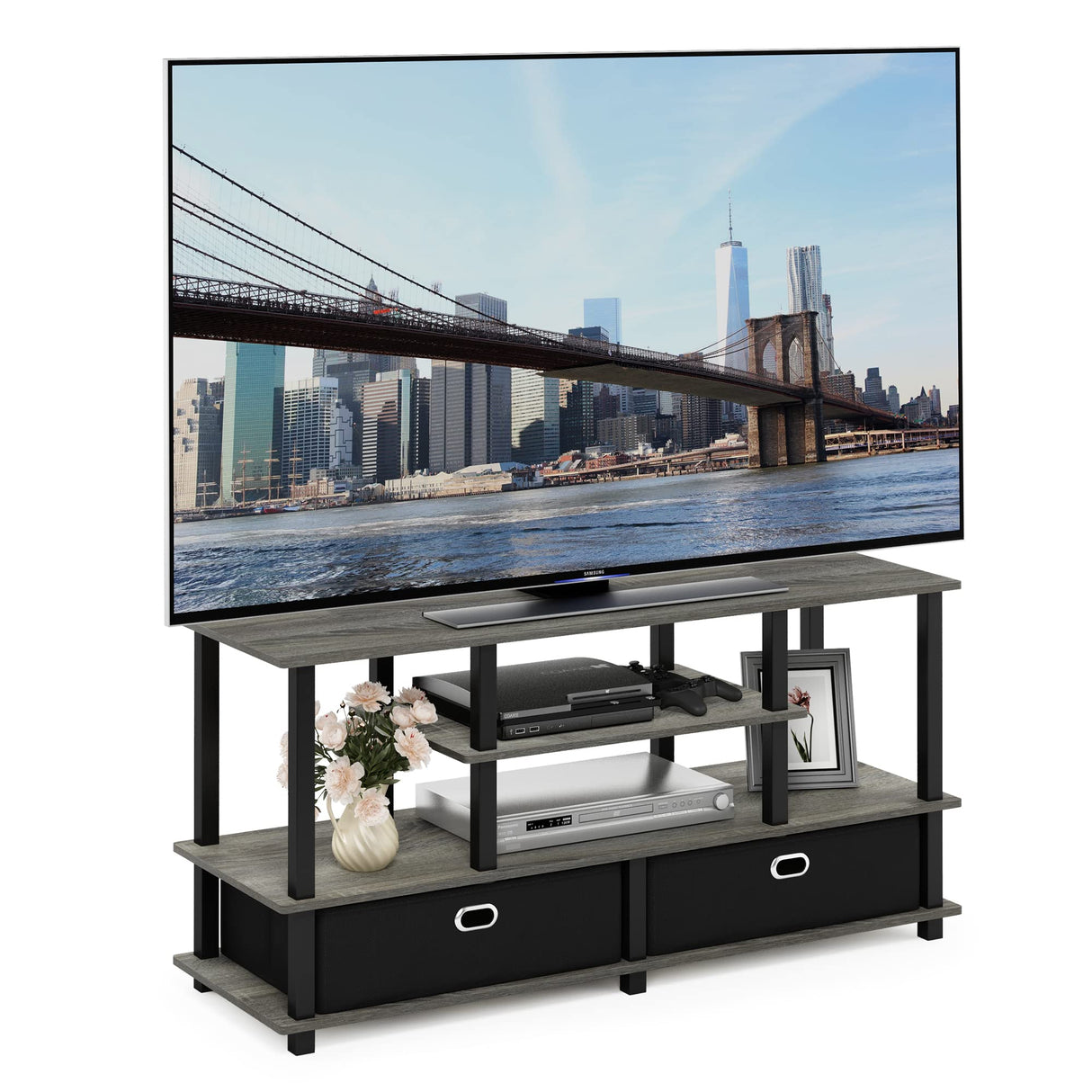 Furinno JAYA Large Stand for up to 55-Inch TV, French Oak, 47. 63(W) x 15. 55(H) x 22. 79(D) Inches., Grey/Black Furinno