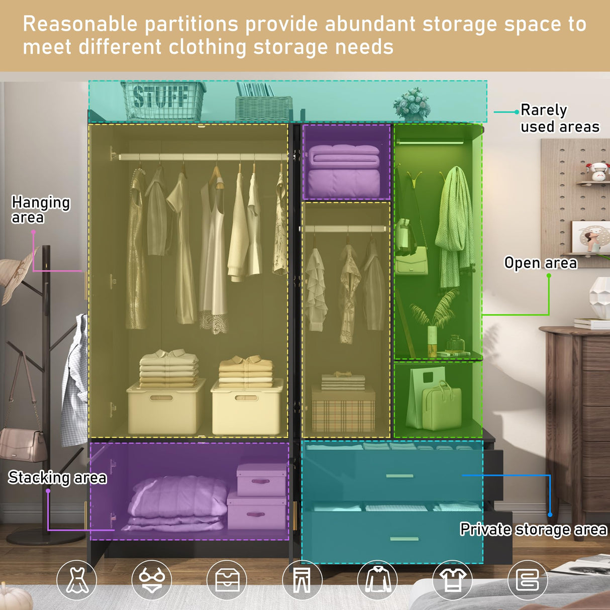XVD Armoire Wardrobe Closet with Mirror and Sensor Light, Bedroom Armoire with 5 Doors 2 Drawers, Modern Wooden Large Wardrobe Closet with Shelves, 4 Hooks, 2 Hanging Rods, Open Space, Black XVD