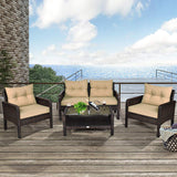 Tangkula 4 Piece Patio Furniture Set, Outdoor Wicker Conversation Set with Glass Top Coffee Table, All Weather Proof and Thick Cushions, Suitable for Porch, Garden, Poolside and Lawn (Brown) Tangkula