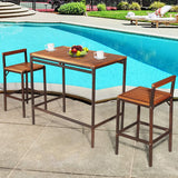 Tangkula 3 Pieces Patio Bar Table Set, Outdoor Rattan Bistro Set with Acacia Wood Top, Wood Table Set with 2 Bar Chairs for Dining Room, Backyard, Patio and Balcony Tangkula