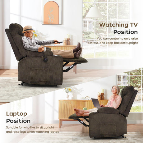ABCASA Oversized Dual Motor Lay Flat Power Lift Recliner Chair with Massage, Heating, Lumbar Pillow, USB & Type-C Ports, Textile Lift Chairs Recliners, Large Recliner for Big & Elderly People - Brown ABCASA