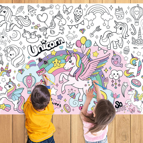 43.3x31.5" Unicorn Rainbow Coloring Poster with Picture, Giant Cute Painting Poster, Large Coloring Tablecloth for Classroom Home Birthday Party Supplies Favor Nicime