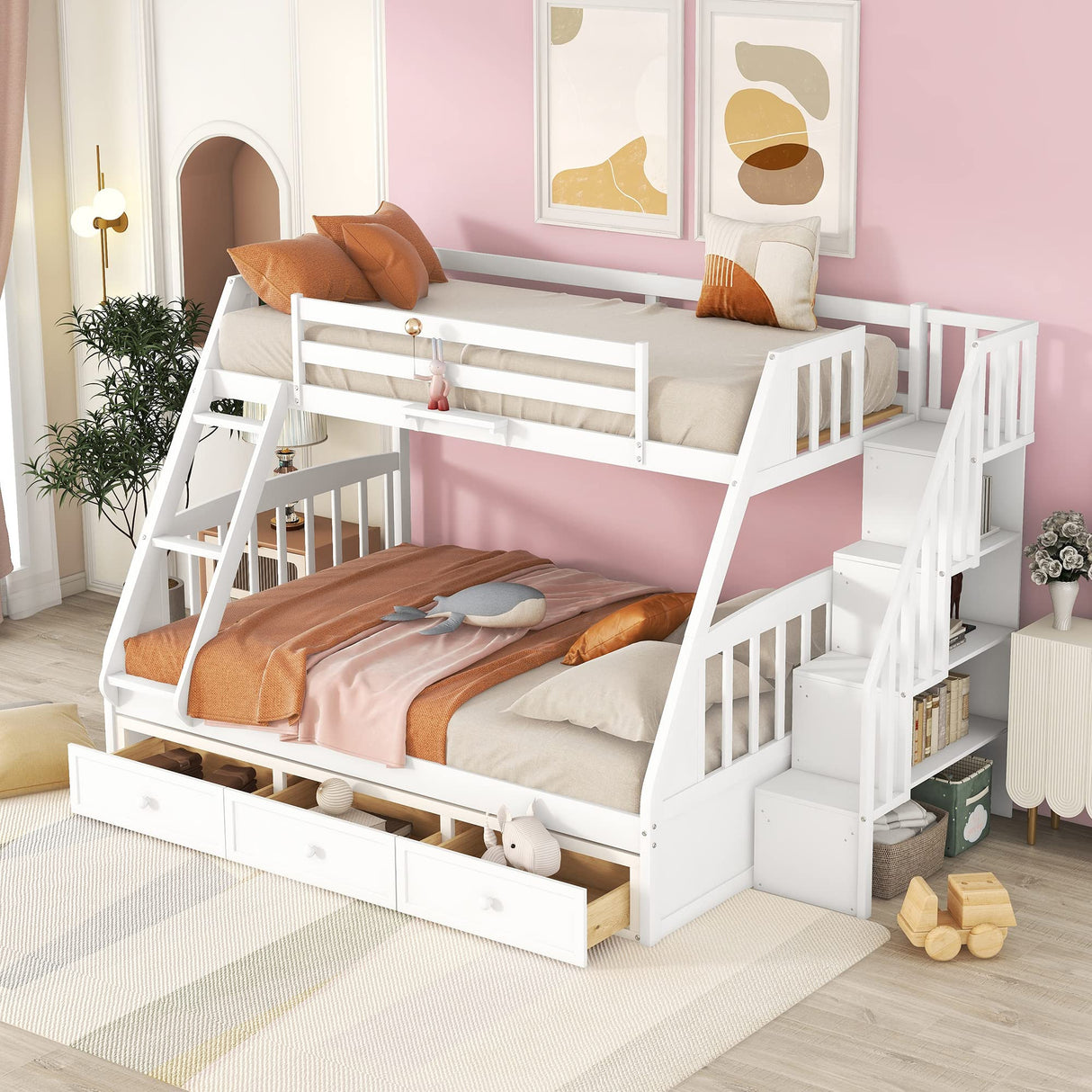 Harper & Bright Designs Twin Over Full Bunk Beds with Stairs, Wooden Storage Bunk Bed with 3 Drawers, Bunk Bed Twin Over Full Size Can Convertible to 2 Separated Beds for Kids Teens, White Harper & Bright Designs