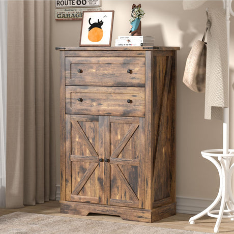 oneinmil Farmhouse Dresser with 2 Drawers, Tall Chest of Drawers Organizer, Rustic Tall Dresser 2 Chest of Drawers, Storage Organizer Dresser for Bedroom, Hallway, Living Room, Kids Room, Brown oneinmil