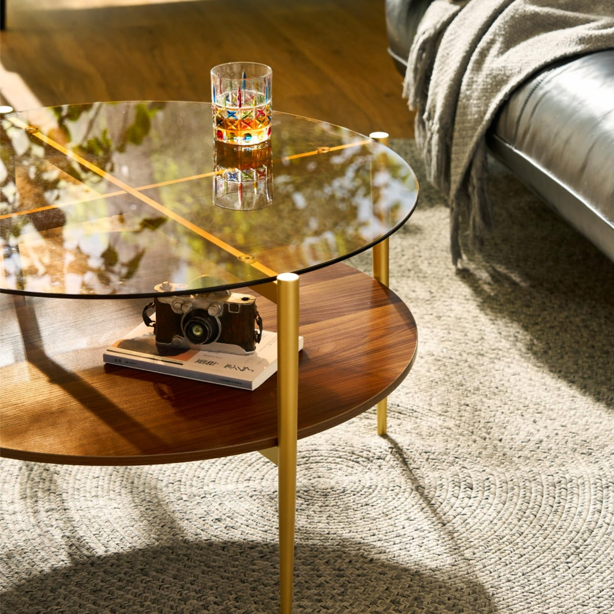 Saint Mossi Glass Round Coffee Table for Living Room, Middle-Century Modern Style, Coffee Brown Glass Top & Walnut Brown MDF Wood Top, with Gold Finish Legs & Frame SM Saint Mossi