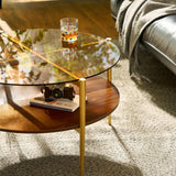 Saint Mossi Glass Round Coffee Table for Living Room, Middle-Century Modern Style, Coffee Brown Glass Top & Walnut Brown MDF Wood Top, with Gold Finish Legs & Frame SM Saint Mossi