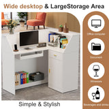 PAKASEPT Reception Desk with LED Lights, L-Shaped Modern Front Desk with Glass Display Shelf, Reception Counter Table for Lobbies, Salons, Retail, Home Offices (White) PAKASEPT