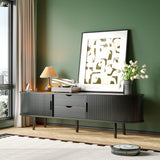 Mid Century Modern TV Stand for 65/55/50 inch TV, Farmhouse TV Stand with Charging Station, Fluted Entertainment Center with Storage and Sliding Doors, TV and Media Consol for Living Room, Black, 59" Syvella