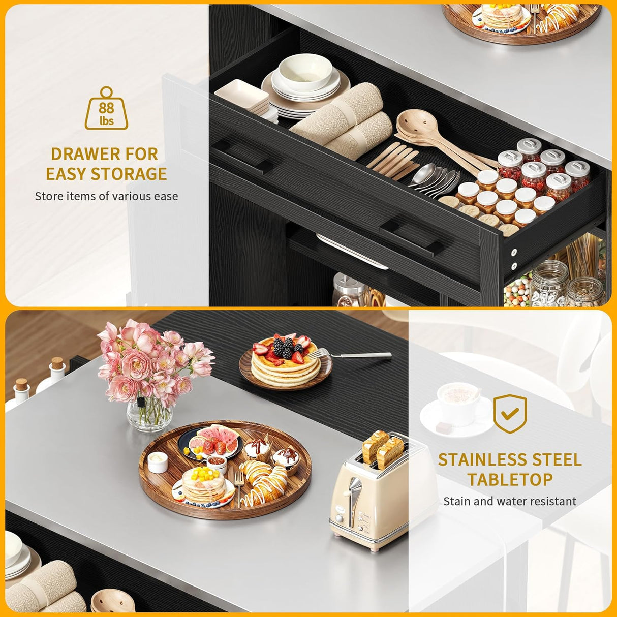 DWVO Kitchen Island w Stainless Steel Top Drop Leaf Bar Seating Power Outlet, 60" Large Rolling Mobile Center Islands w Folding Dropleaf Storage Drawer Cabinet Wheel Counter Height Metal Top, Black DWVO