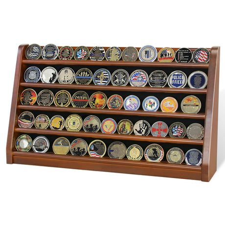 ASmileIndeep 5 Rows Challenge Coin Holder Display Stand Holds 50 Coins for Wall Mount or Tabletop, Solid Wood Military Coin Rack Display Case for ASmileIndeep