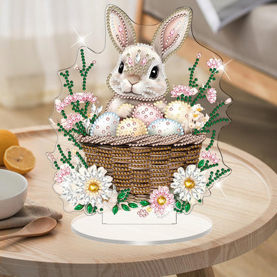 1 Pcs DIY Easter Egg Bunny Tabletop Diamond Art Painting Kits Double Sided Acrylic Diamond Painting Tabletop Flower Easter Table Top Ornament Kits for Spring Holiday Themed Party Decor Accessories