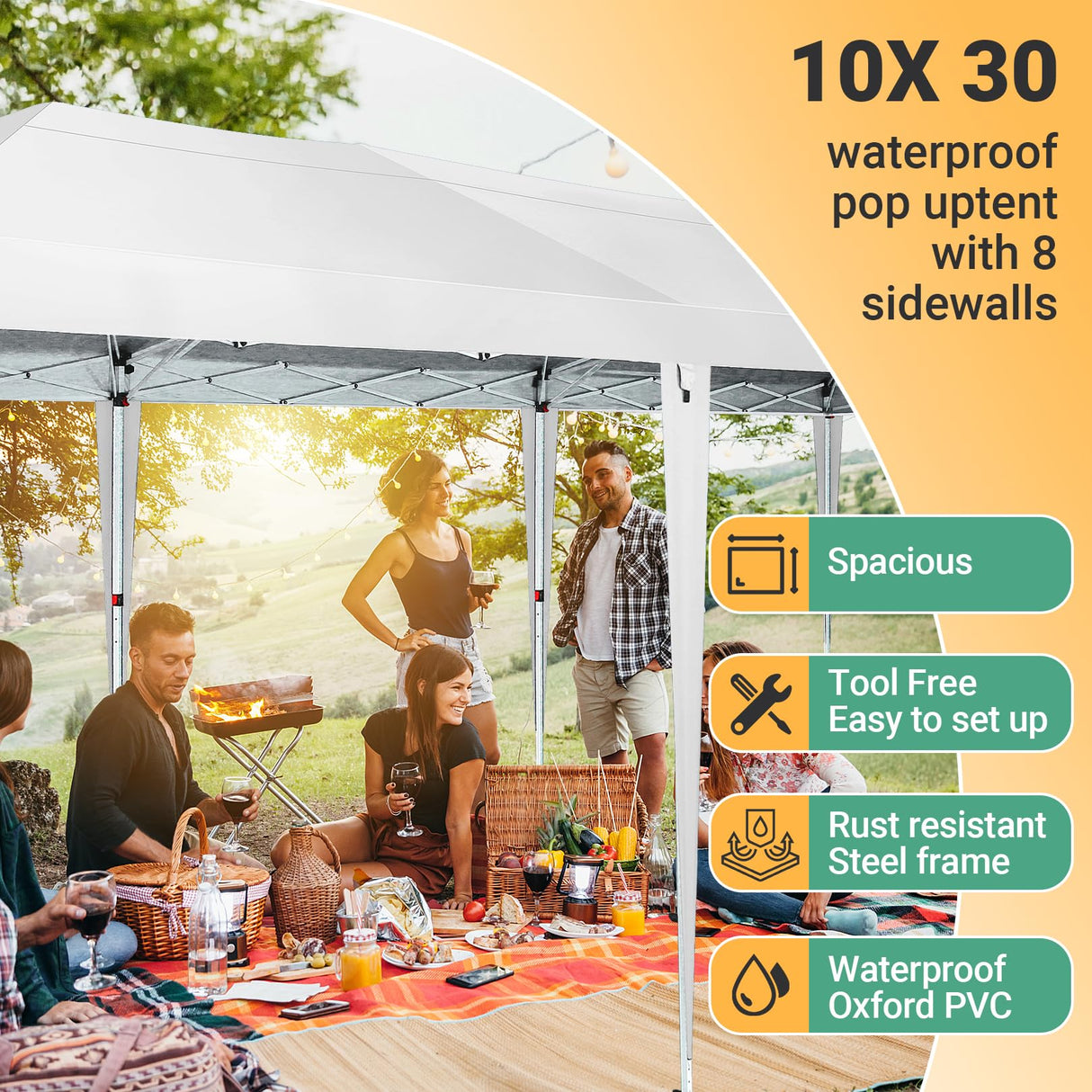 COBIZI 10x30 Pop Up Canopy Tent for Parties with 8 Sidewalls Waterproof Commercial Instant Canopy 10x30 Party Tent for Backyard, Wedding Portable Outdoor Gazebo with Carrybag&4 Sandbags(White COBIZI