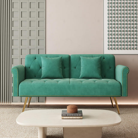Modern Velvet 2 in 1 Futon Sofa Bed,Convertible Folding Sleeper Bed Couches with 2 Pillows,73" Tufted Recliner Love Seat with Golden Chrome Legs for Living Room Apartment Office (Green) Anwick