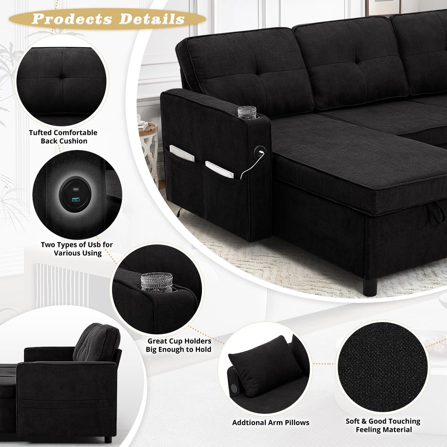 ACMEASE 108" U-Shaped Pull Out Sofa Bed w/Two Storage Chaises, Tufted Sectional Sofa w/USB Port, Fabric Sleeper Couch w/Cup Holders for Living Room, Black