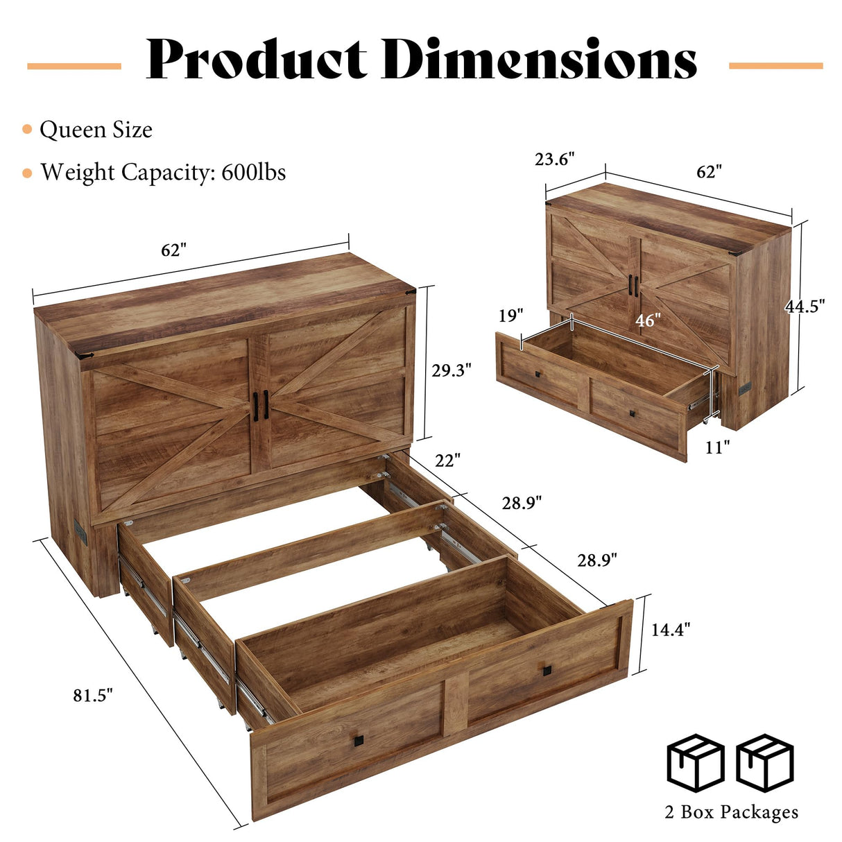 AMERLIFE Queen Murphy Bed Cabinet with Charging Station and Storage, Farmhouse Foldable Platform Bed for Guest Room, Office, Small Spaces, Barnwood AMERLIFE