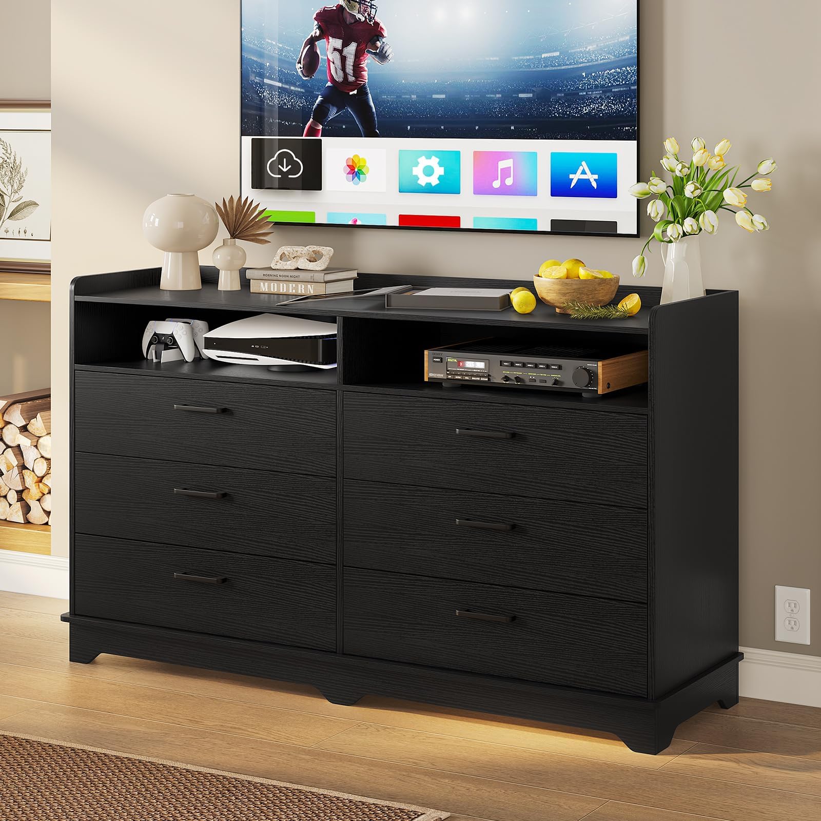 Hasuit 6 Drawers Dresser for Bedroom, Modern Chests of Drawers, Black Double Dresser with Drawers and Cubby, 14.6" D x 46.1" W x 33.6" H - WoodArtSupply