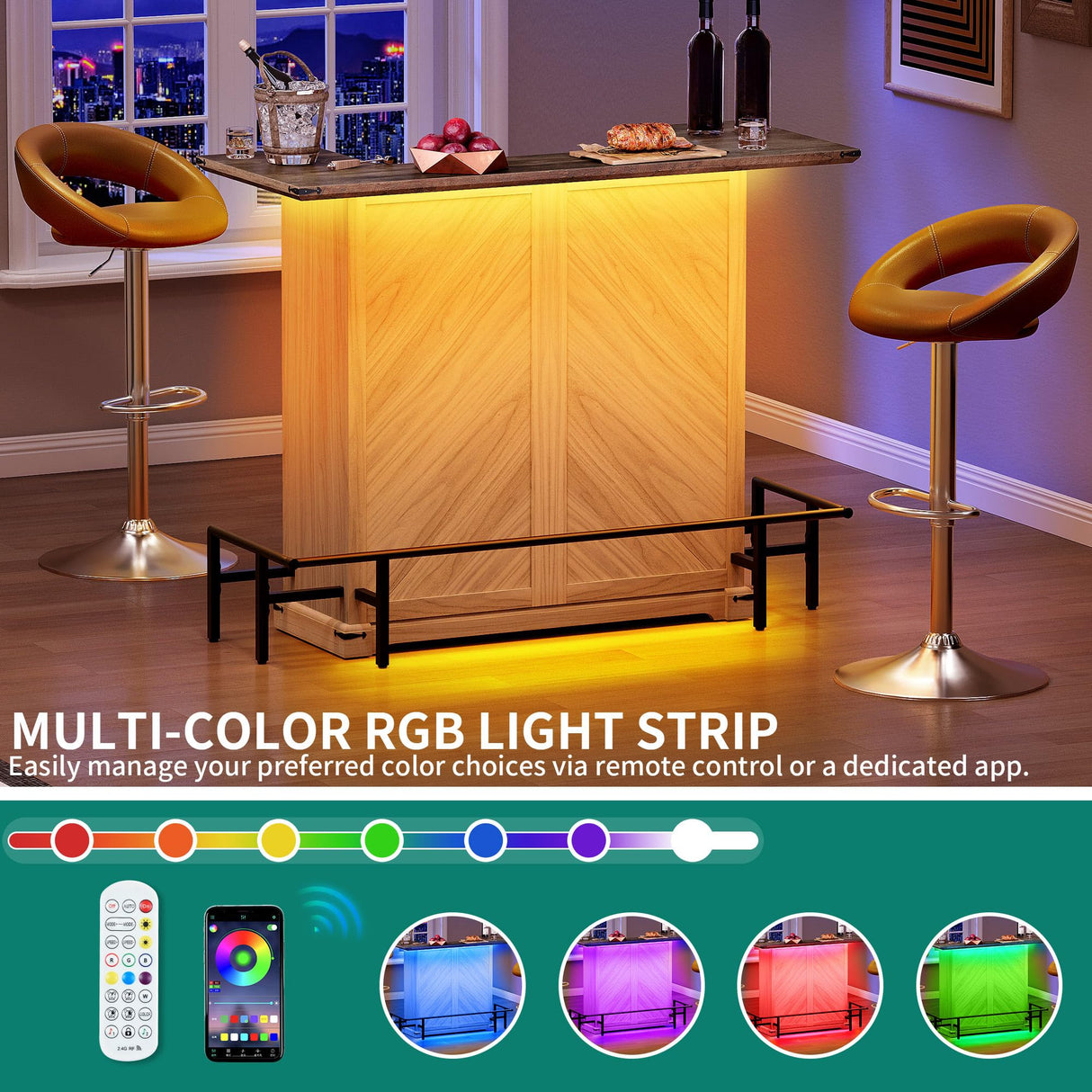 YITAHOME Home Bar Unit with LED Lights ＆ Drawer, Farmhouse Bar Cabinet with Glasses Holder and Wine Storage, Wine Bar Cabinet Set Mini Bar with Footrest for Living Room, Off White+Walnut Grain YITAHOME