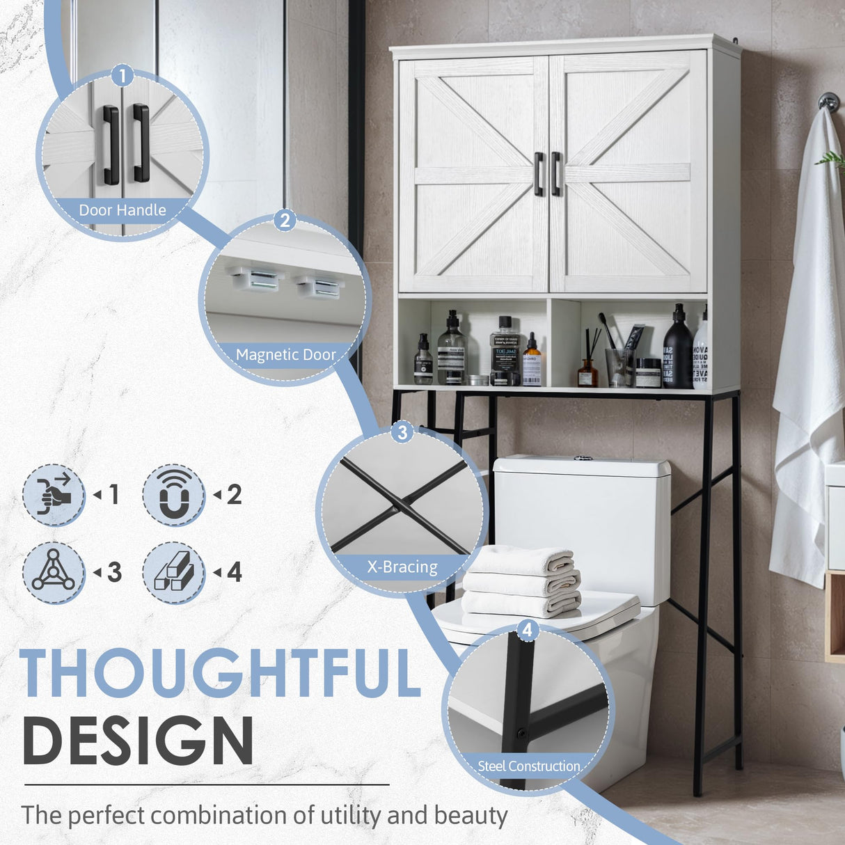 JUMMICO Over The Toilet Storage Cabinet, Bathroom Organizer with Adjustable Shelf, Toilet Organizer with 2 Barn Doors, Space Saver for Bathroom, Laundry, White JUMMICO