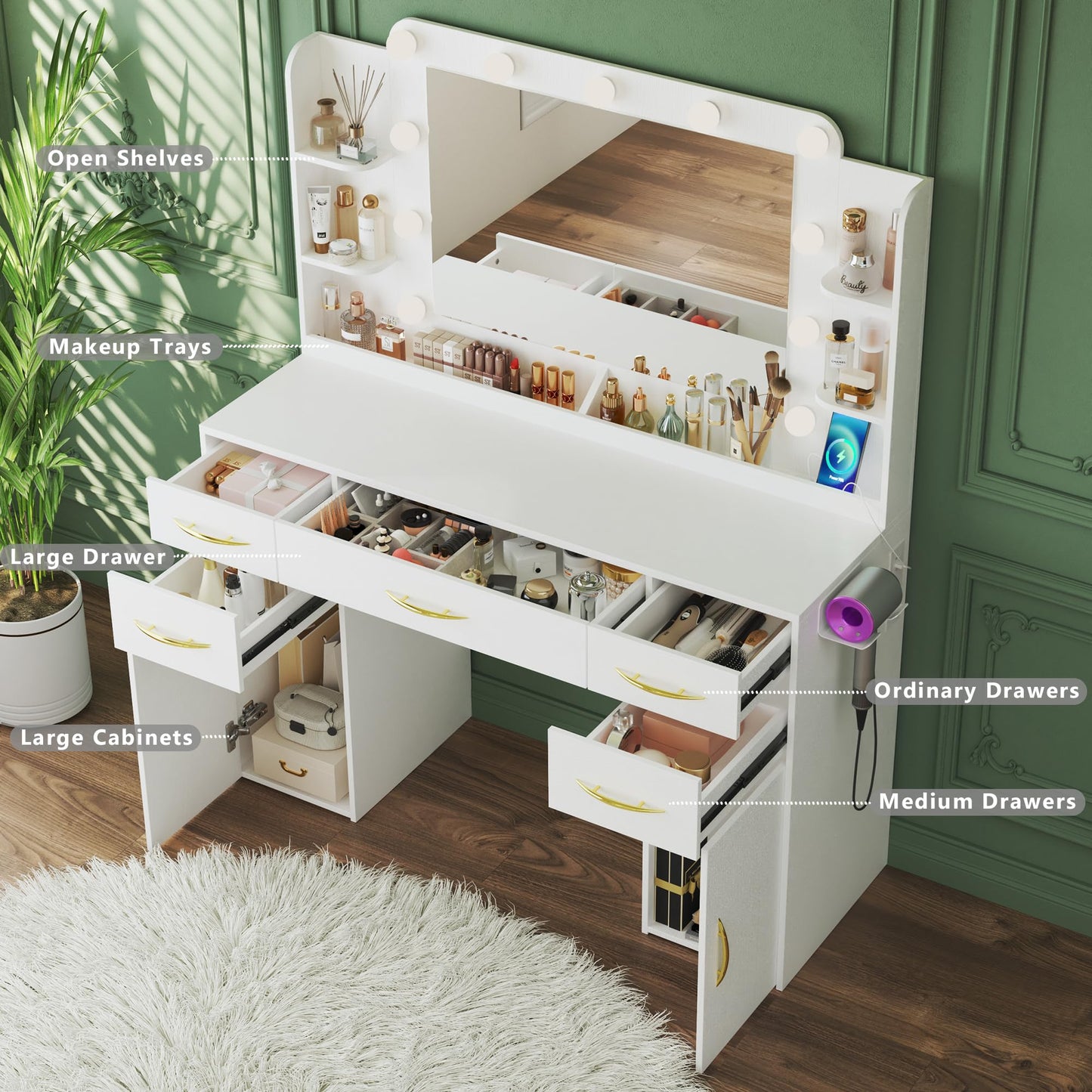 ALEXNUTRE Make up Vanity Desk with Mirror and Lights, Vanity with Lights 3 Models Settings, Vanity with Power Outlet, Vanity Desk with 5 Drawers, 2 Cabinets, Shelves, Makeup Vanity for Bedroom, White