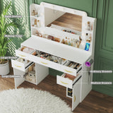ALEXNUTRE Make up Vanity Desk with Mirror and Lights, Vanity with Lights 3 Models Settings, Vanity with Power Outlet, Vanity Desk with 5 Drawers, 2 Cabinets, Shelves, Makeup Vanity for Bedroom, White ALEXNUTRE