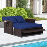 RELAX4LIFE Wicker Patio Outdoor Daybed - Rattan Day Bed Lounger with Loveseat & Storage Ottoman, Sunbed Sofa Set w/Cushions, 4-Level Adjustable Backrest & 2 Retractable Trays, Patio Daybed (Navy) RELAX4LIFE