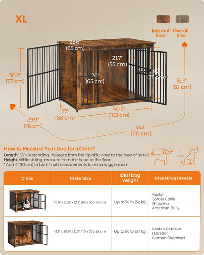 Feandrea Dog Crate Furniture, 43.3" Side End Table, Modern Kennel for Dogs Indoor up to 80 lb, Heavy-Duty Dog Cage with Enclosed Base, Double-Door Dog House, Rustic Brown UPFC024X01 - WoodArtSupply