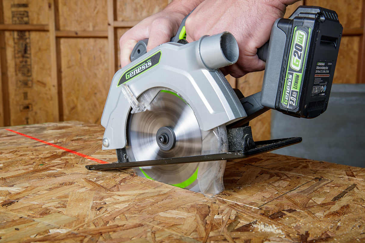 Genesis G20MAX 20V Cordless Circular Saw 6-1/2 inch with Laser & LED Light, Includes 24TCT thin-kerf blade, 2.0Ah Battery and Charger, 2 Year Warranty (GLCS2065B) Genesis