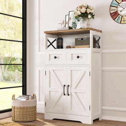 Befrases Farmhouse White Storage Cabinet with Doors and Drawers, Freestanding Kitchen Pantry Cabinet, Floor Storage Cabinet Hutch Cupboard for Kitchen/Laundry/Living Room/Bedroom