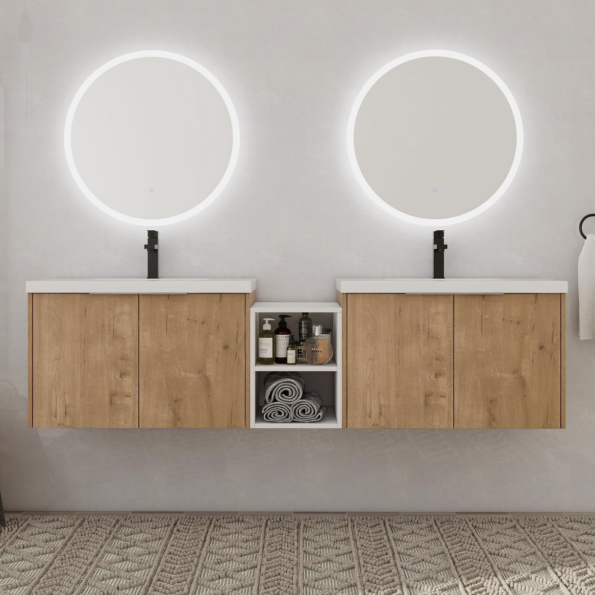 72" Bathroom Vanity with Sink, 72 Inch Floating Vanity, Double Sink Wall Mounted Vanity Combo, Modern Brown Bathroom Vanity Set with 4 Doors and White Basin Sink Mocoastn