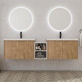 72" Bathroom Vanity with Sink, 72 Inch Floating Vanity, Double Sink Wall Mounted Vanity Combo, Modern Brown Bathroom Vanity Set with 4 Doors and White Basin Sink Mocoastn