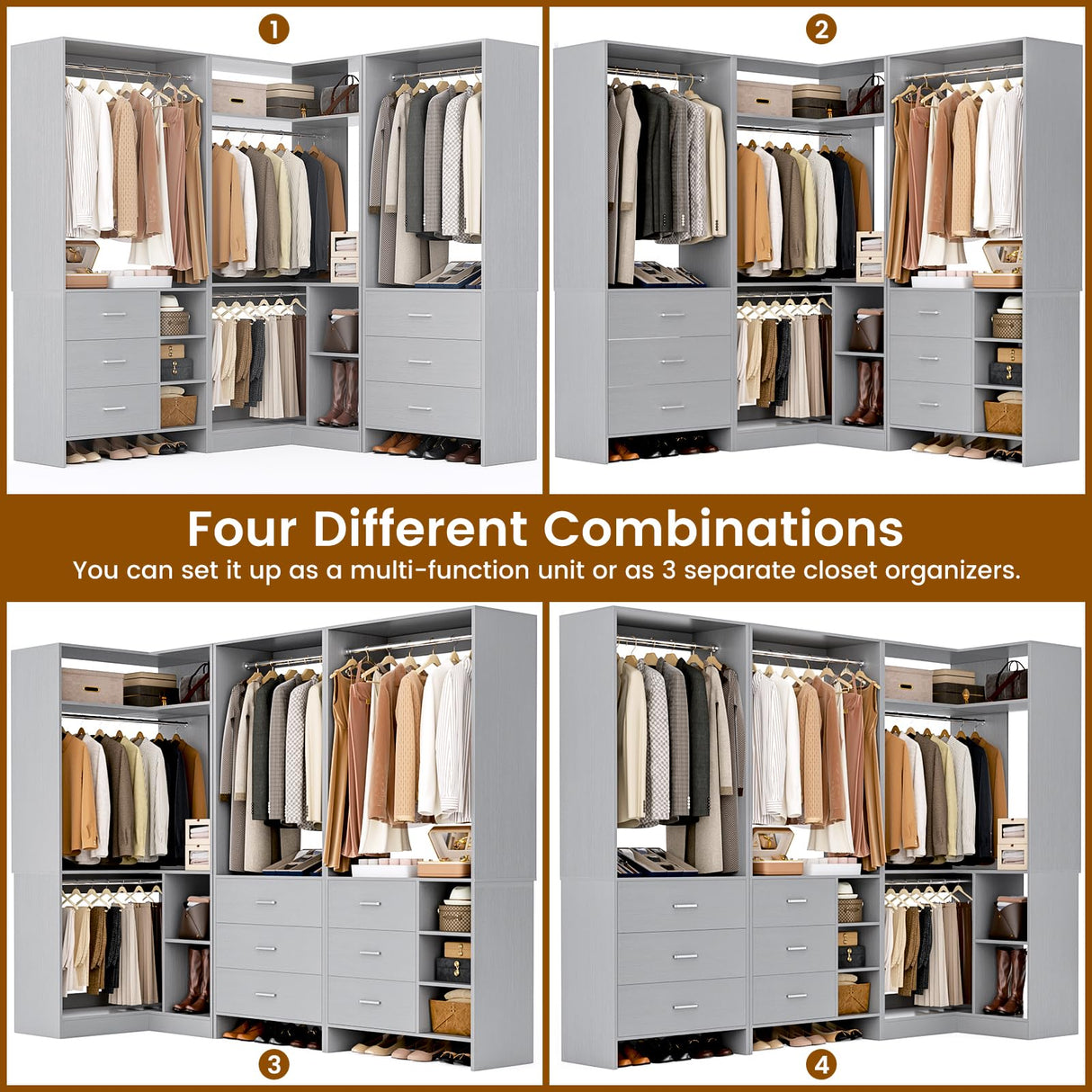 Aheaplus Closet System with 6 Drawers, 4 Hanging Rods & Corner Tower, Corner Closet System with Hanging, 86.8" L-Shaped Walk-In Wardrobe Organizer, 2000+ lbs Capacity, Set of 3, Grey Aheaplus