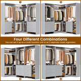 Aheaplus Closet System with 6 Drawers, 4 Hanging Rods & Corner Tower, Corner Closet System with Hanging, 86.8" L-Shaped Walk-In Wardrobe Organizer, 2000+ lbs Capacity, Set of 3, Grey Aheaplus