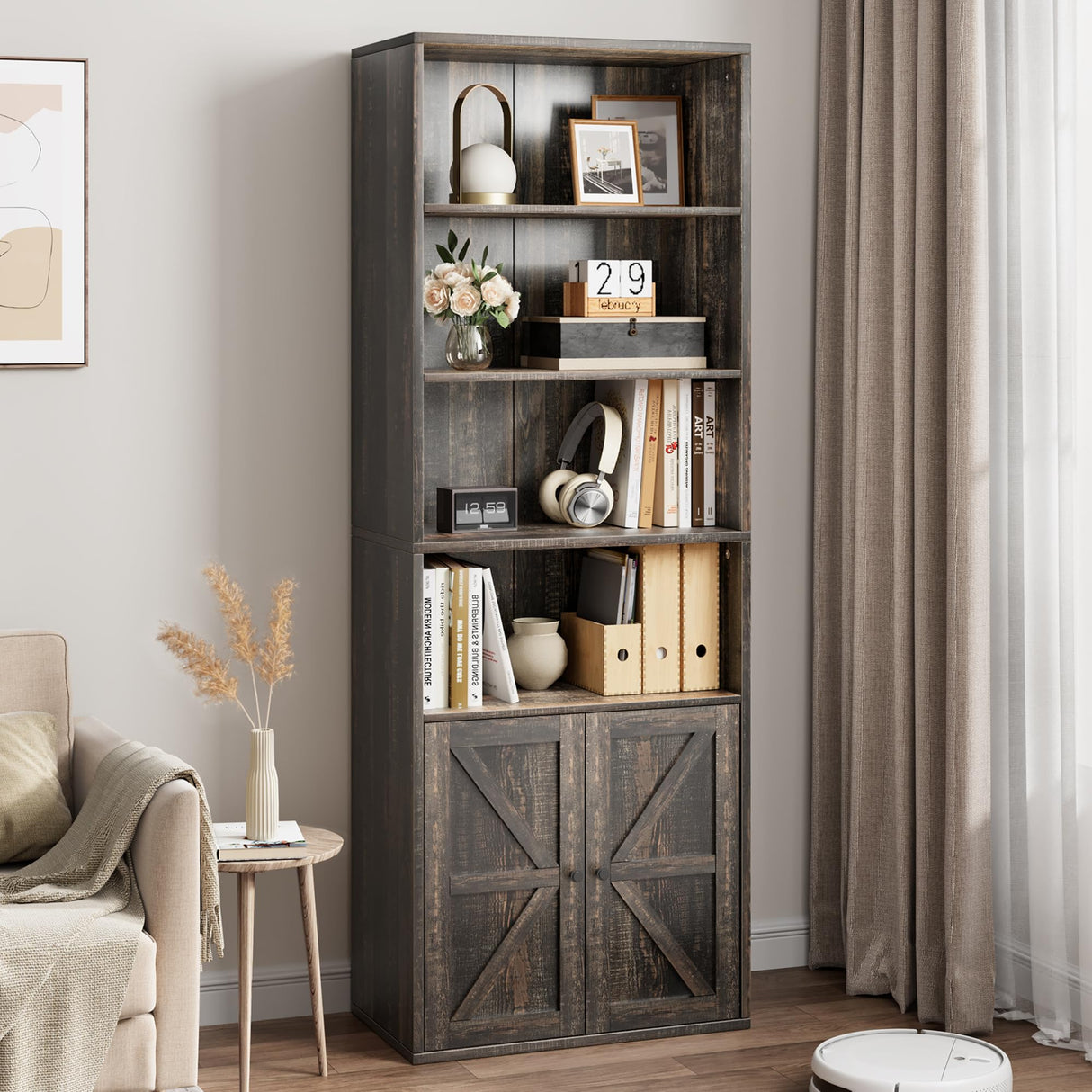 IDEALHOUSE Bookcase with Doors Industrial Bookshelf 11.8in Depth Display Storage Shelves 71.4in Tall Farmhouse Bookcases Wooden 6 Shelf Bookshelvels for Bedroom, Living Room, Home Office (Oak) IDEALHOUSE
