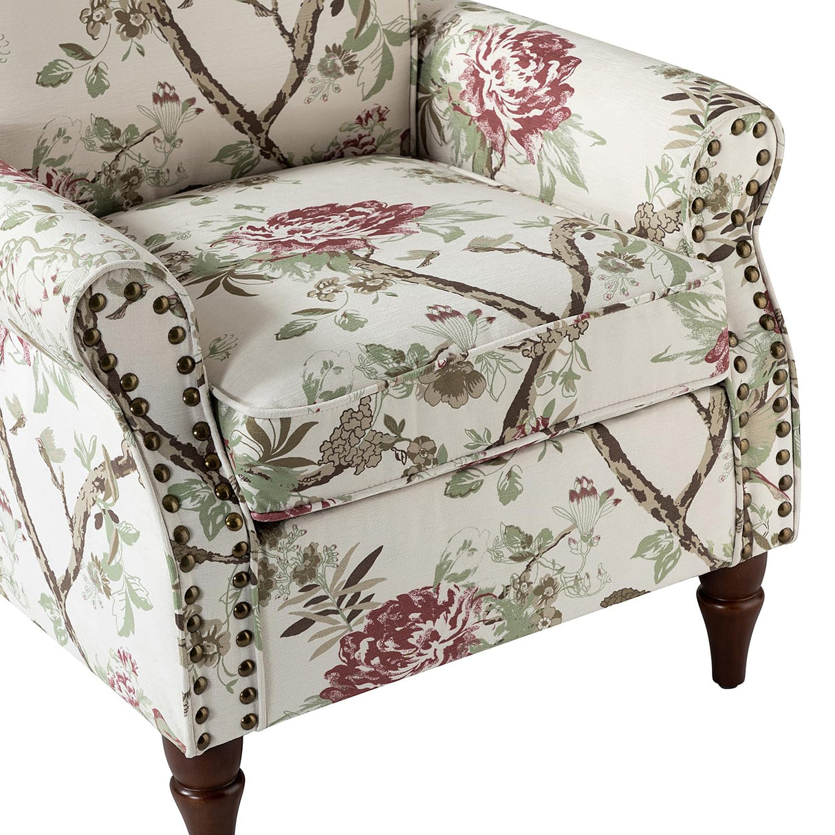 HULALA HOME Modern Wingback Accent Chair with Wood Legs & Removable Cushion, Comfy Upholstered Armchair with Nailhead Trim, Floral Pattern Sofa Chair for Bedroom Living Room, Floral HULALA HOME