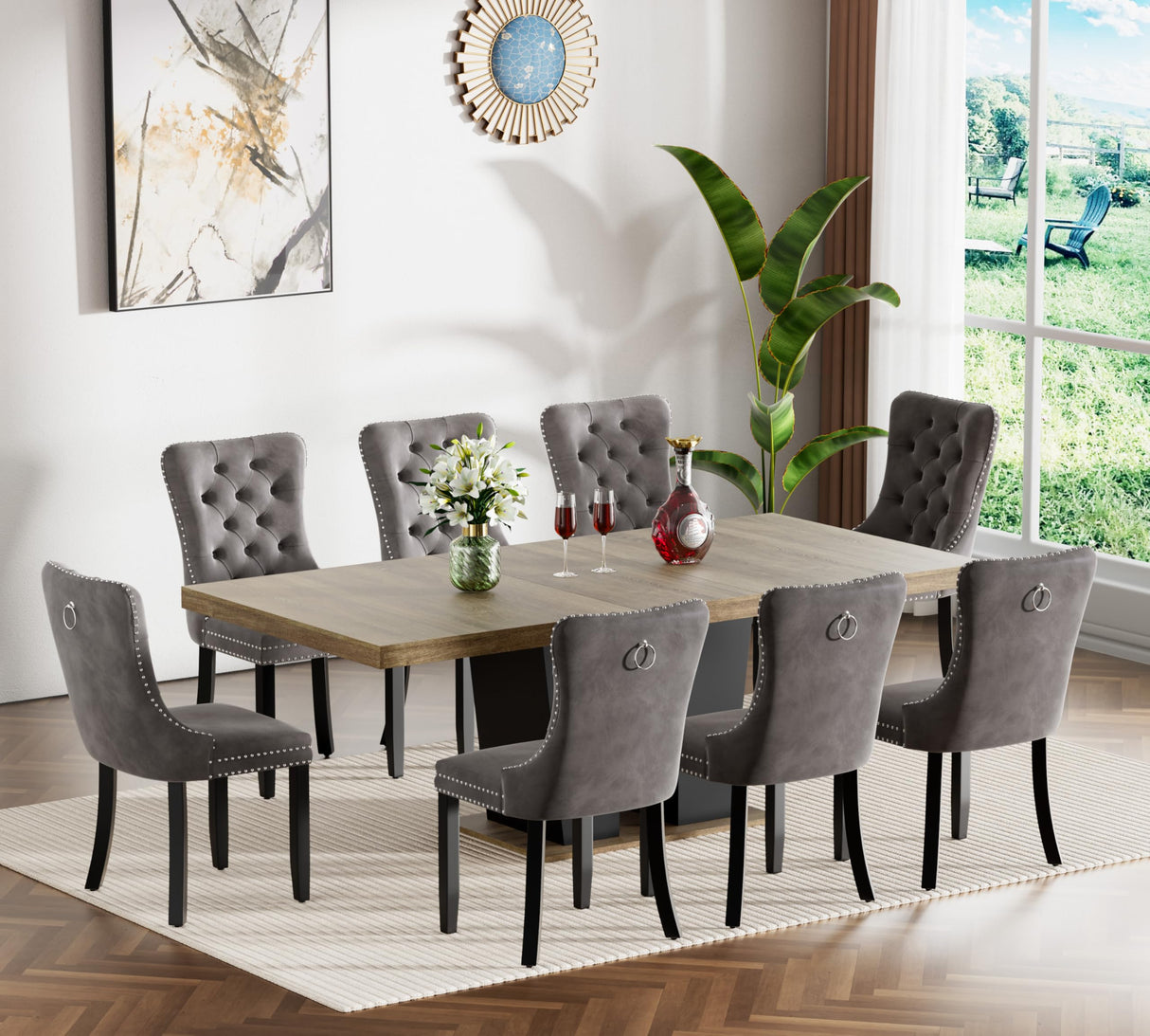 9 Piece Extendable Dining Table Set, Farmhouse Extendable Dining Table Set for 8, 78.74" Rustic Wooden Expandable Kitchen Table and Grey Velvet Chairs Set of 8, Expanding Dining Room Table Set for 8 TehRecBT