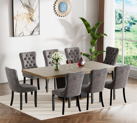 9 Piece Extendable Dining Table Set, Farmhouse Extendable Dining Table Set for 8, 78.74" Rustic Wooden Expandable Kitchen Table and Grey Velvet Chairs Set of 8, Expanding Dining Room Table Set for 8 TehRecBT