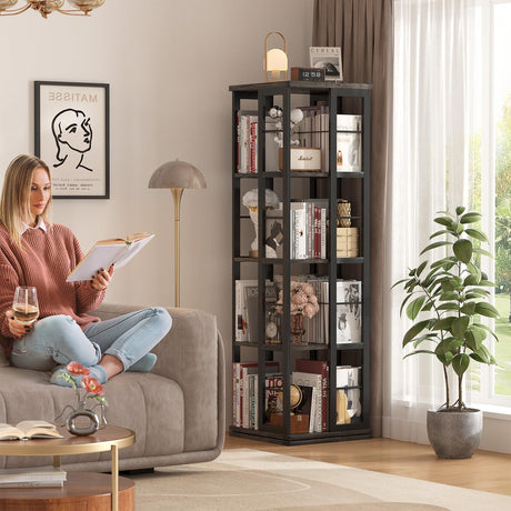 Aheaplus 360° Rotating Corner Bookshelf in Grey Oak - Stylish Space-Saving Bookcase for Small Areas Aheaplus