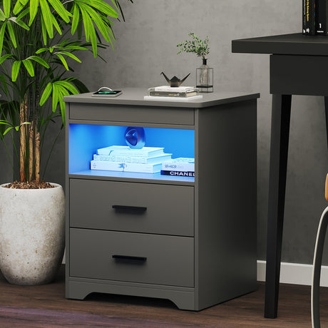 Nightstand with Gun Drawer Charging Bedside Table with USB & Type-C Port LED Night Stand with Human Sensor Design Modern End Table with Drawers for Bedroom Living Room Office, Grey FREDEES