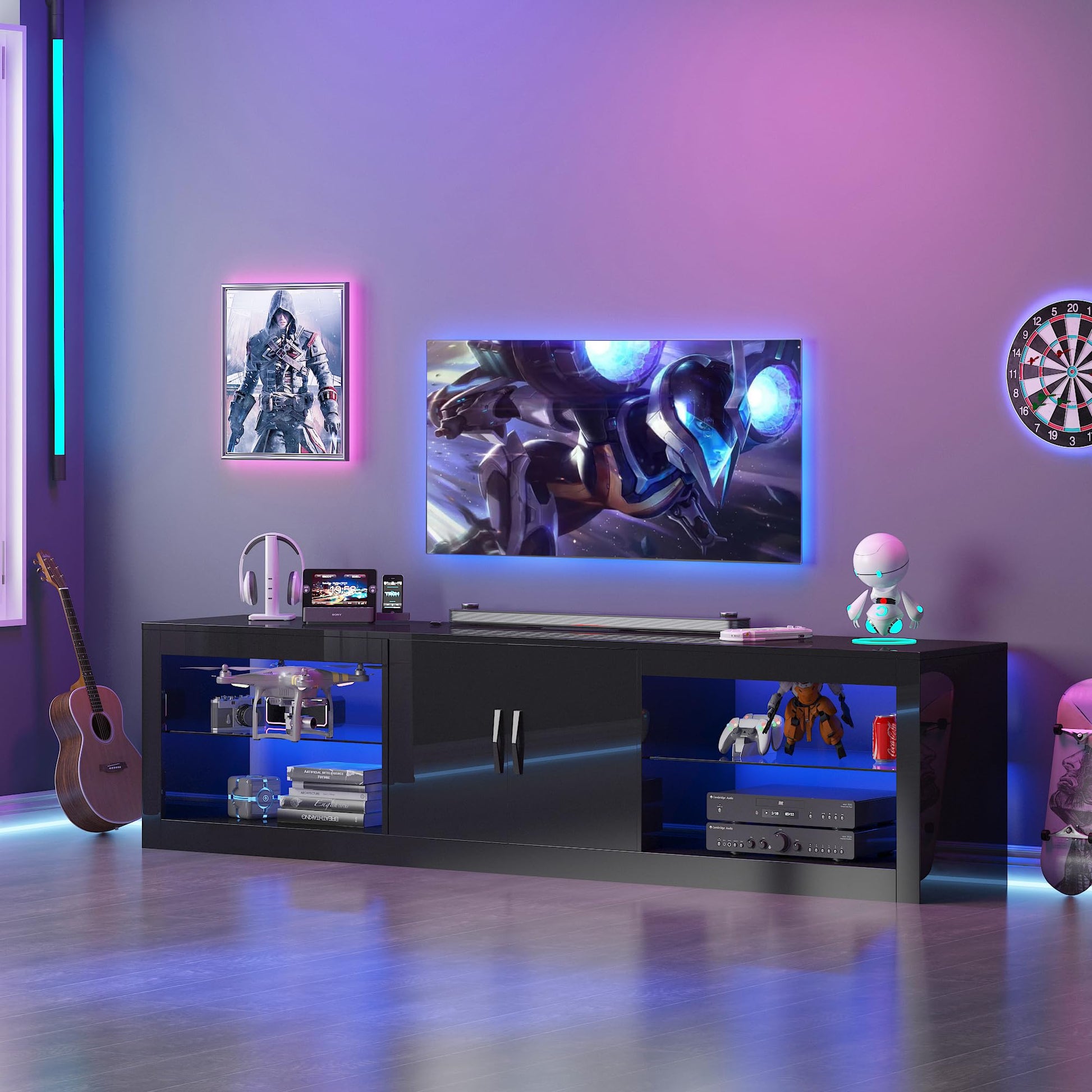 Vinctik 6&Fox 70 Inch Led TV Stand for 80/75 Inch TV, Modern Black Entertainment Center with Adjustable Glass Shelves Two Cabinets, Gaming High Gloss TV Stand with Led Light for Living Room,B - WoodArtSupply