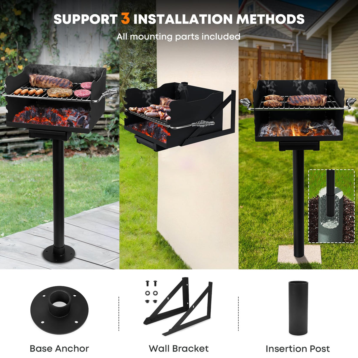 Stanbroil Outdoor Charcoal Barbecue Grill, Heavy Duty Steel Park Style Charcoal Grill with Stainless Steel Cooking Grate and Above/In Ground Base Post for Camping and Backyard Stanbroil