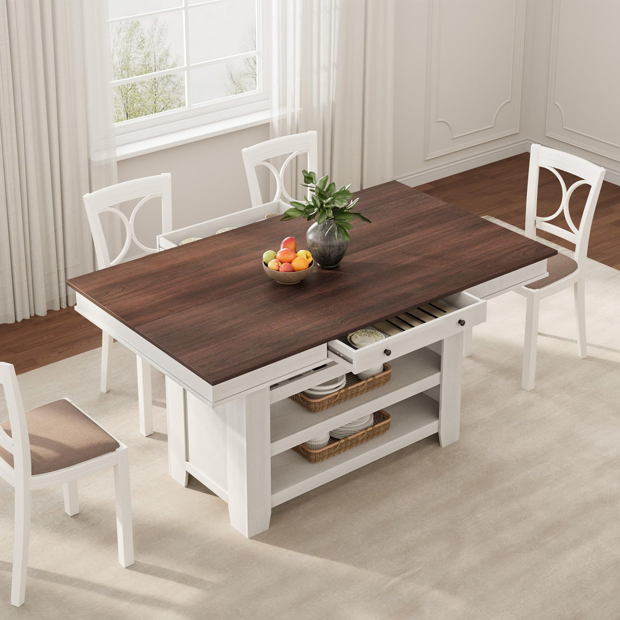 GAOMON 60" Counter Height Dining Table for 4, Farmhouse Rectangular Tall Bar Height Kitchen Dining Table & Thick Table Top, with Deepened Wine Rack & Shelves for Kitchen, Bar,Retro White & Brown GAOMON