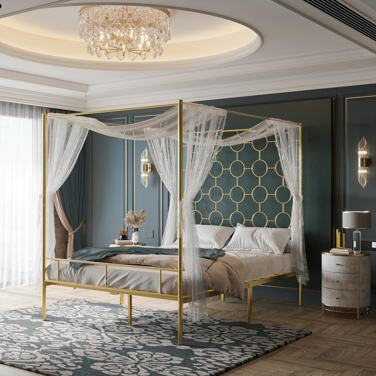 PAUKIN Gold Metal Canopy Bed Frame King/Mattress Foundation with Steel Slat Support/No Box Spring Needed/Easy Assembly (Gold, King) PAUKIN