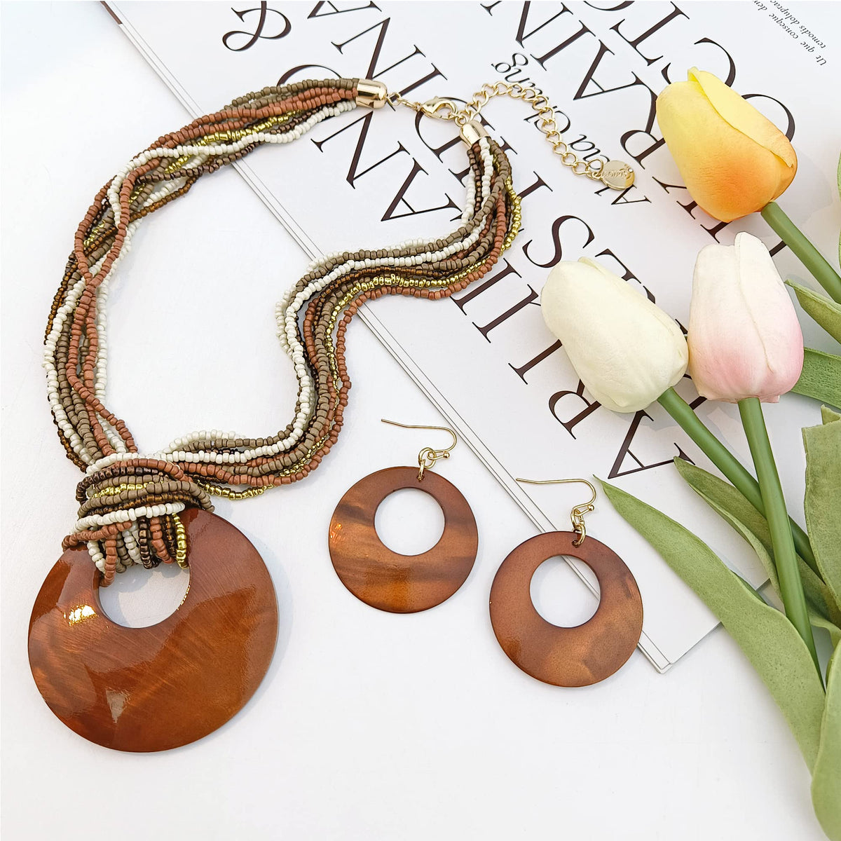 Coiris Multi Strand Statement Colorful Beaded Necklace with Big Circle Shell Pendant for Women (N0055-Dark Brown) Coiris