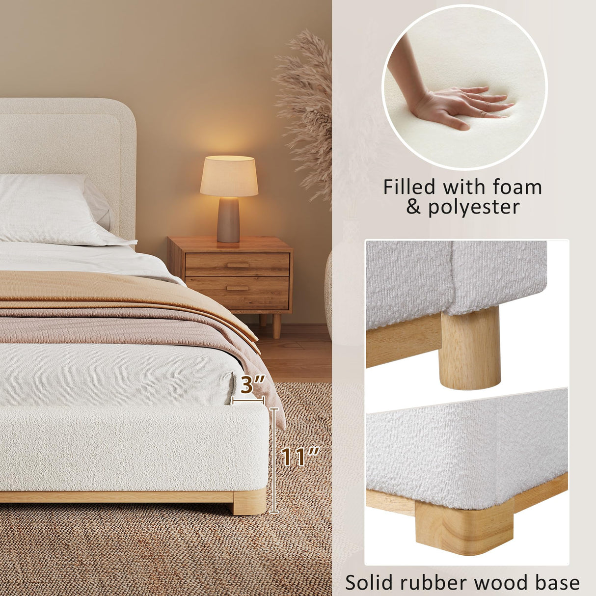 Merax King Size Boucle Bed Frame with Curved Headboard, White Upholstered Cloud Platform Bed, Solid Wood Base, Soft Rounded Corners Design, No Box Spring Needed, Easy Assembly, White Merax