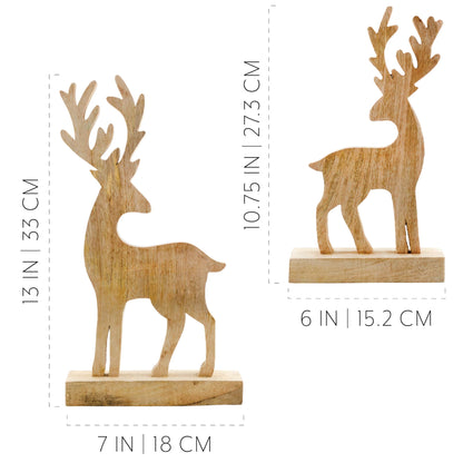 AuldHome Wooden Reindeer Christmas Statues (Set of 2); Primitive Style Mango Wood Holiday Figurines