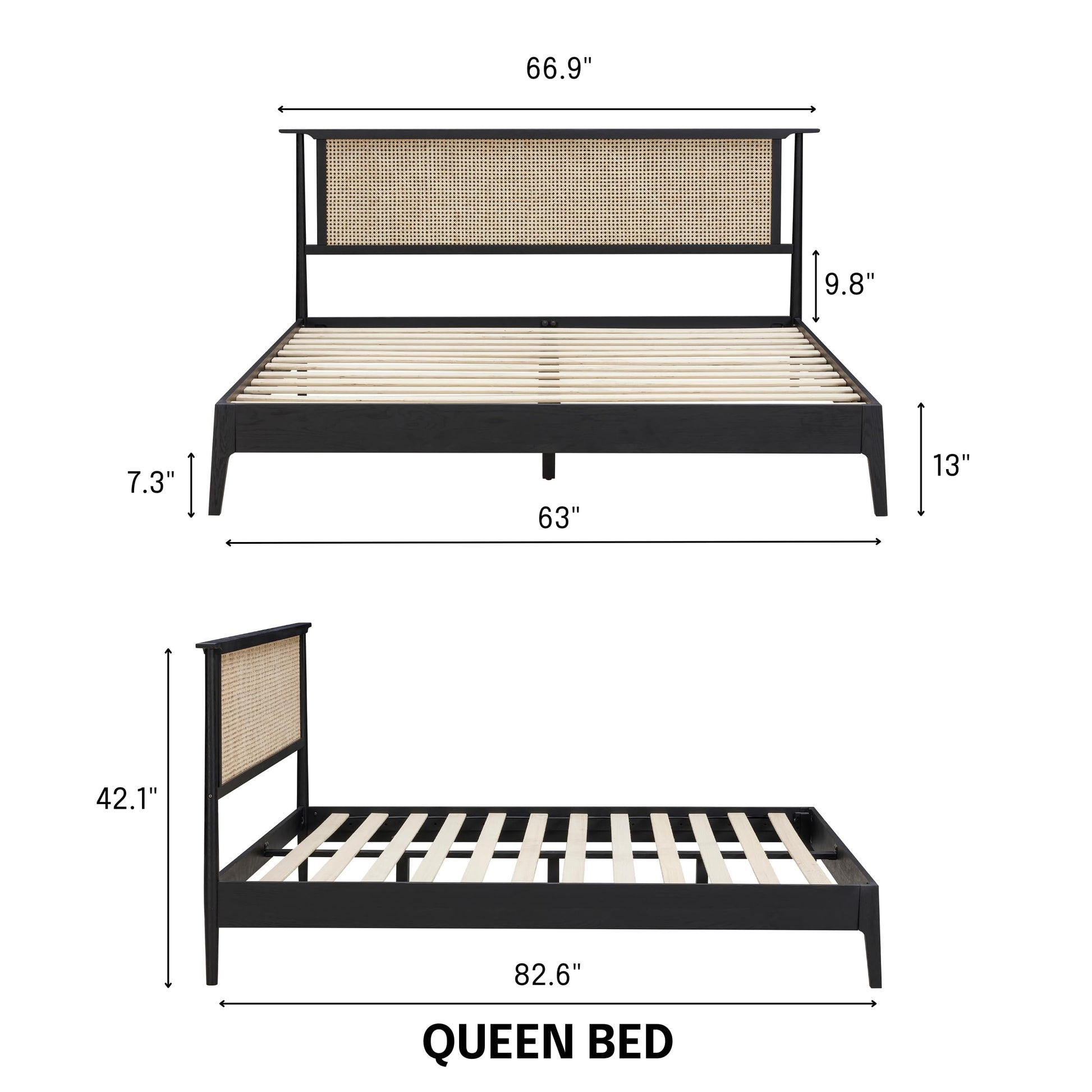 NTC Ruby Queen Bed Frame with Natural Rattan and Solid Oak, Effortless Assembly, Silent Slats - Burnt Black - WoodArtSupply