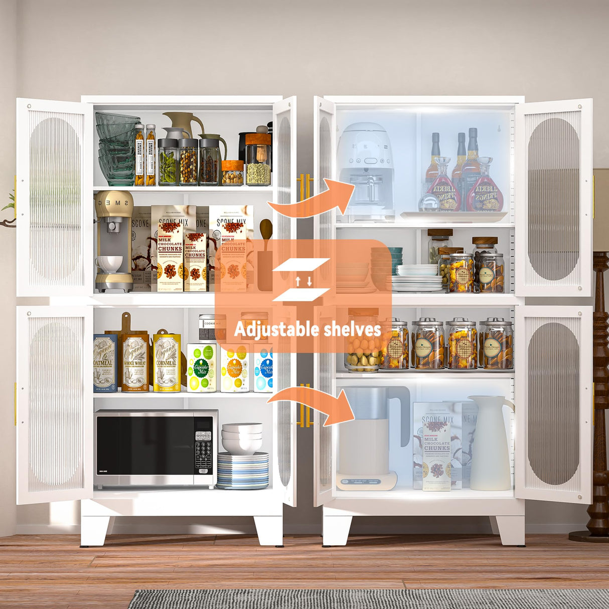 GAIOUS White Metal Storage Cabinet, Kitchen Pantry Cabinet with Acrylic Glass Doors and Adjustable Shelves, Pantry Storage Cabinet for Kitchen, Living Room, Office and Study GAIOUS