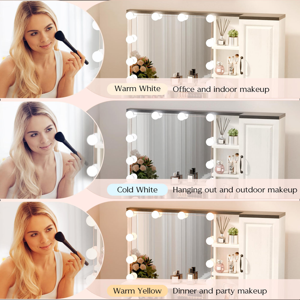 Buytime Farmhouse Makeup Vanity with Charging Station, Vanity Desk with Lights Mirror and Drawers, Glass Top Makeup Vanity with Jewelry Cabinet, Hairdryer Holder and Stool for Bedroom, Off White Buytime